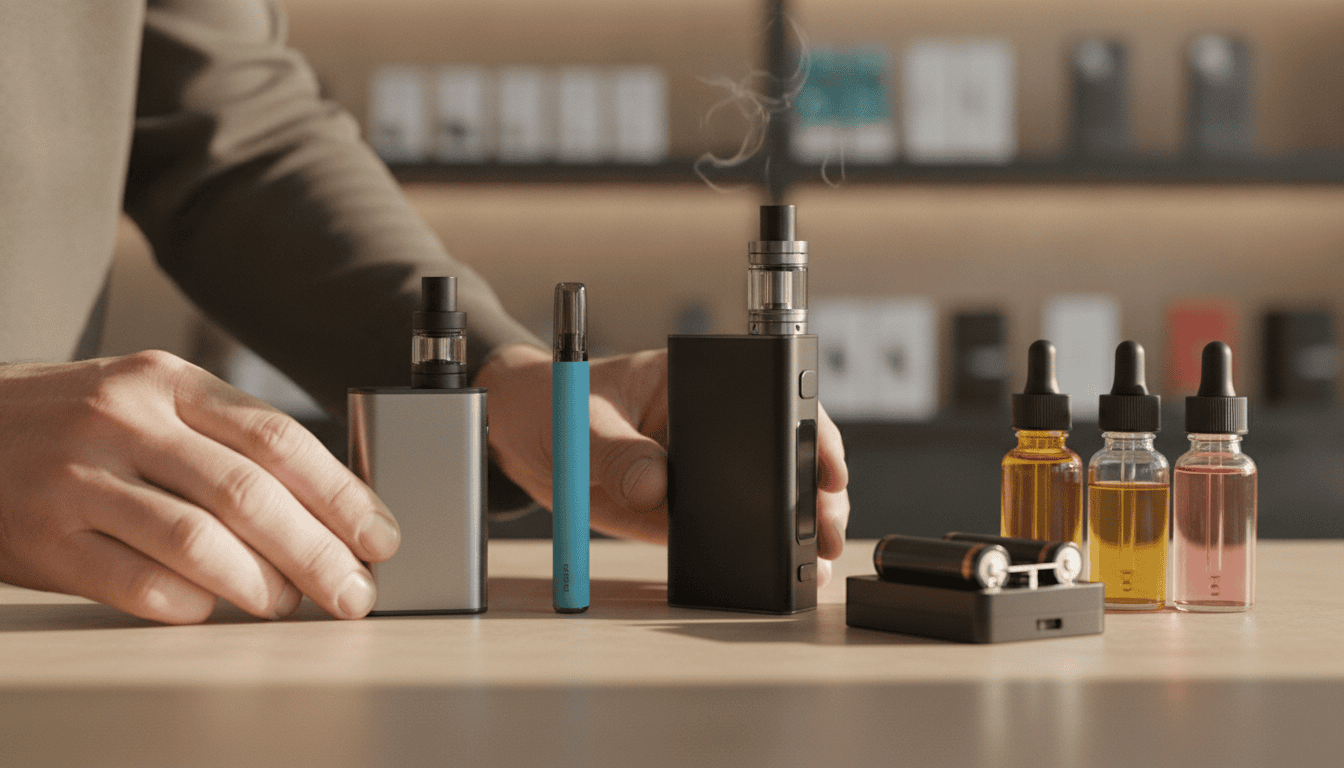 Mostruário de vape em loja com mãos segurando pod recarregável, pod descartável e mod, e frascos de e-líquido ao lado.