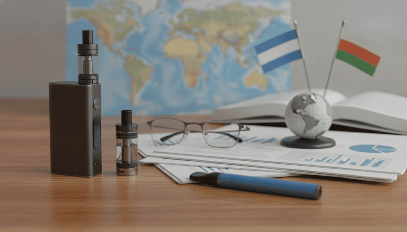 Dispositivos de vape sobre mesa com documentos regulatórios e mapa ao fundo, representando debate internacional