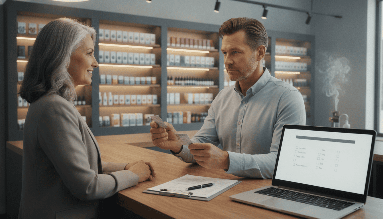 Interior de loja de vape mostrando prateleiras de produtos, atendente conferindo documento de identidade no balcão e documentos de conformidade sobre a mesa.