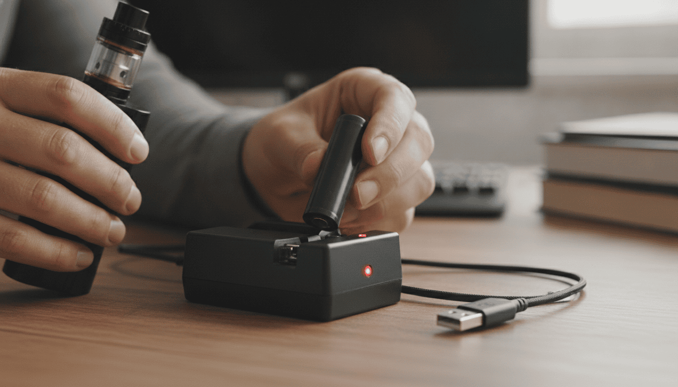 Mãos segurando um mod de vape com bateria removível ao lado de um carregador externo sobre uma mesa.