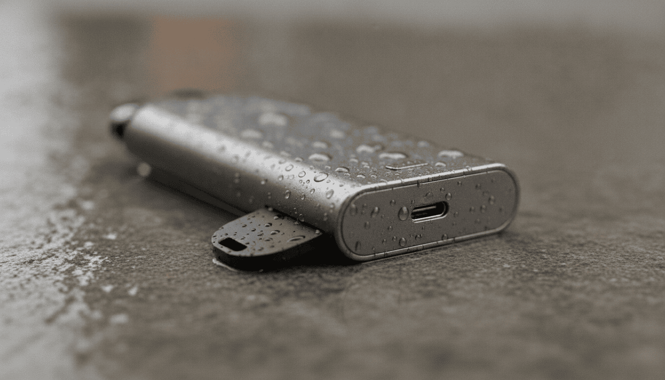 Vape moderno com gotas de água sobre superfície molhada, mostrando porta USB com tampão de vedação.
