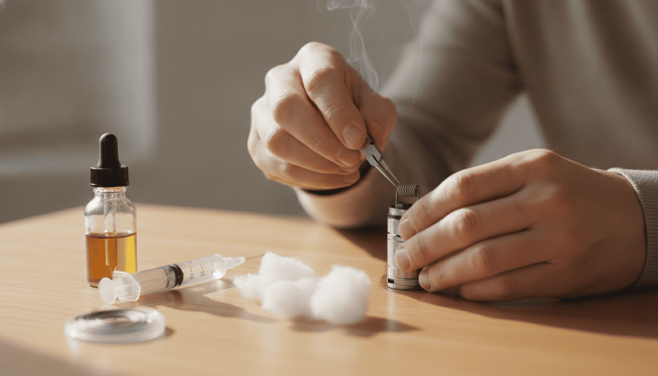 Mãos adultas montando uma coil sobre mesa com frasco de e‑líquido, seringa, algodão e resistências ao redor.