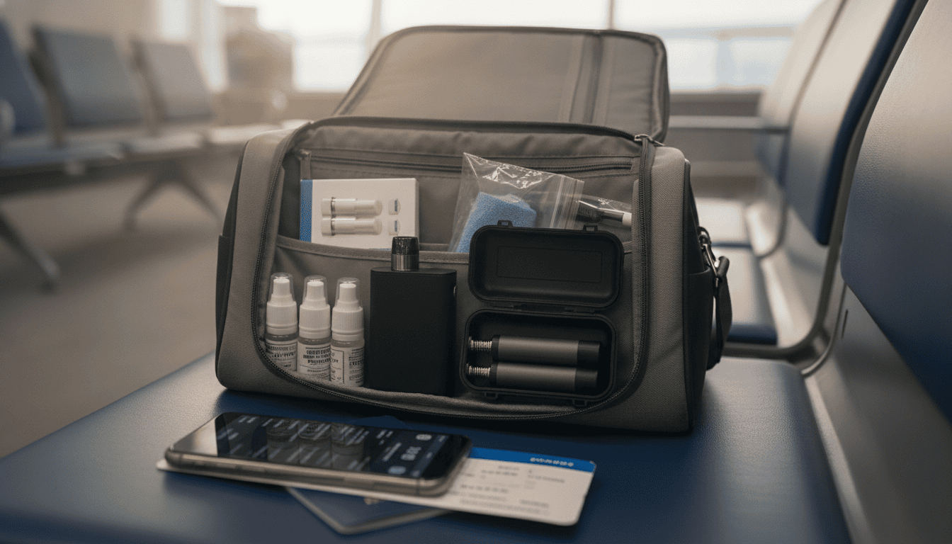 Bolsa de viagem aberta em um assento de aeroporto com vape portátil, pods descartáveis, estojo de baterias e frascos em saco plástico.