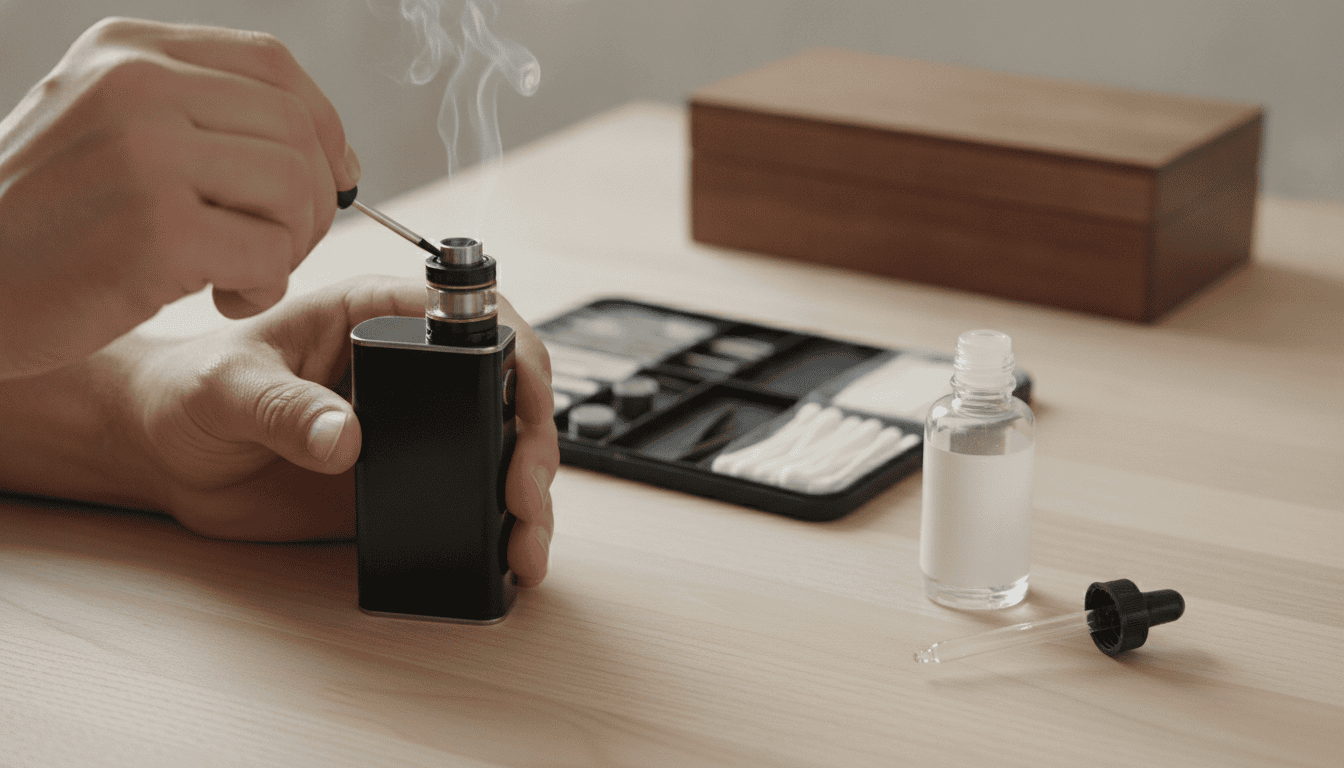Mãos de um adulto ajustando um dispositivo vape sobre uma mesa com um frasco de e-líquido e um conta‑gotas ao lado.