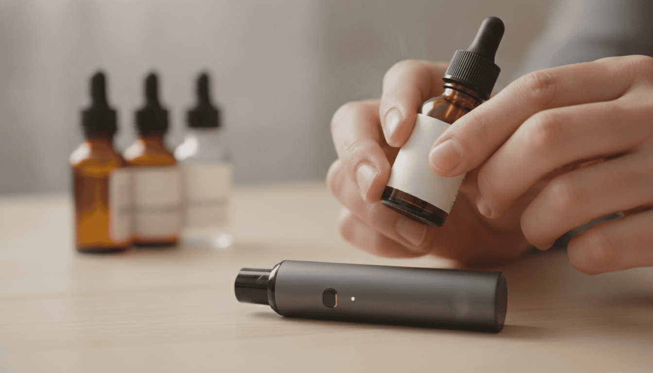 Mãos de um adulto segurando um frasco de juice de vape ao lado de um pod sobre uma mesa de madeira, com outros frascos desfocados ao fundo.