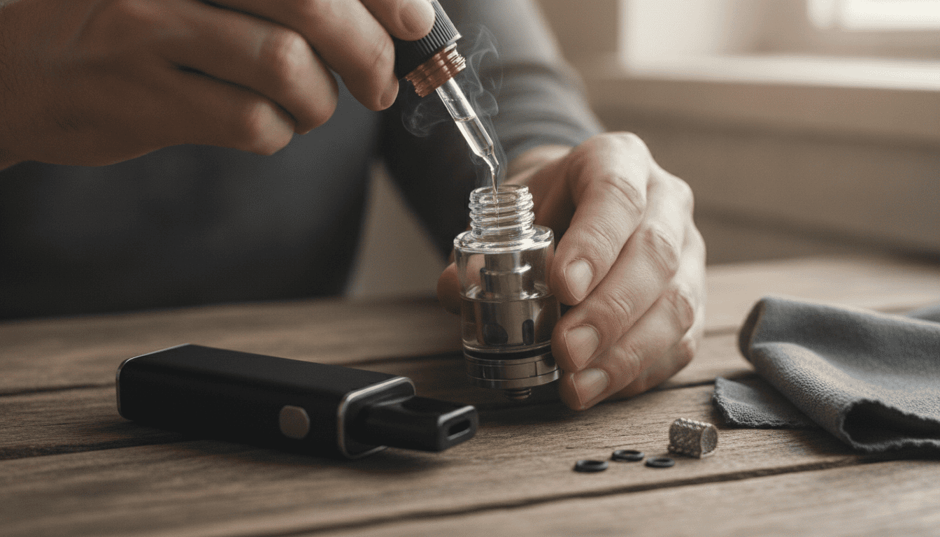 Pessoa adulta preenchendo o tanque de um vape com conta-gotas, com O-rings e resistência ao lado sobre mesa de madeira