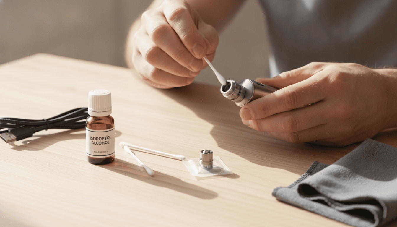 Mãos adultas limpando um dispositivo vape com cotonete, álcool isopropílico e peças de reposição sobre uma mesa.