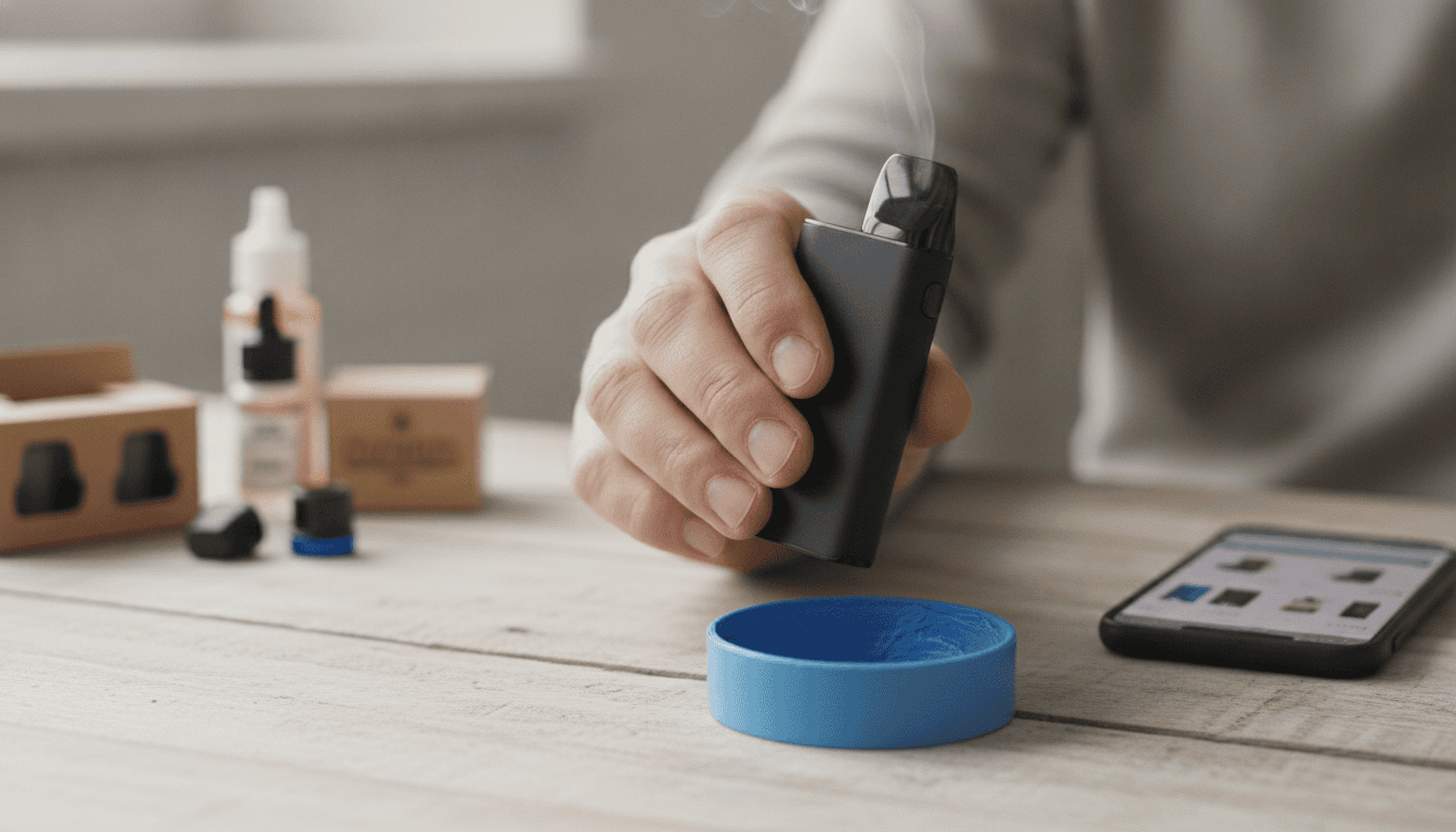 Mão de adulto segurando um vape descartável sobre mesa com pequena lixeira de reciclagem ao lado