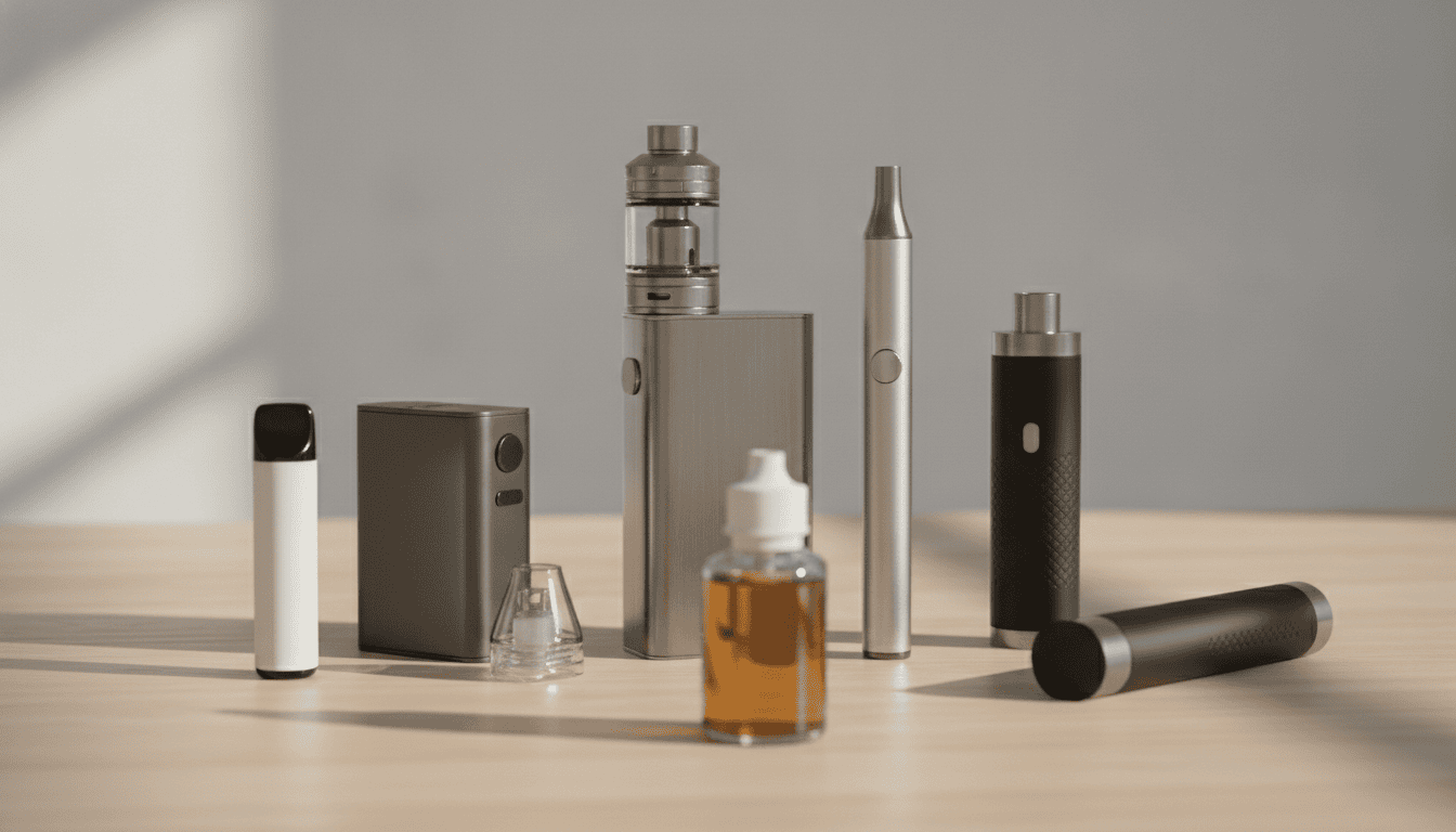 Conjunto de dispositivos vape sobre superfície de madeira: pod descartável, pod recarregável, mod de Caixa, caneta vape, vaporizador de ervas e frasco de e-líquido.