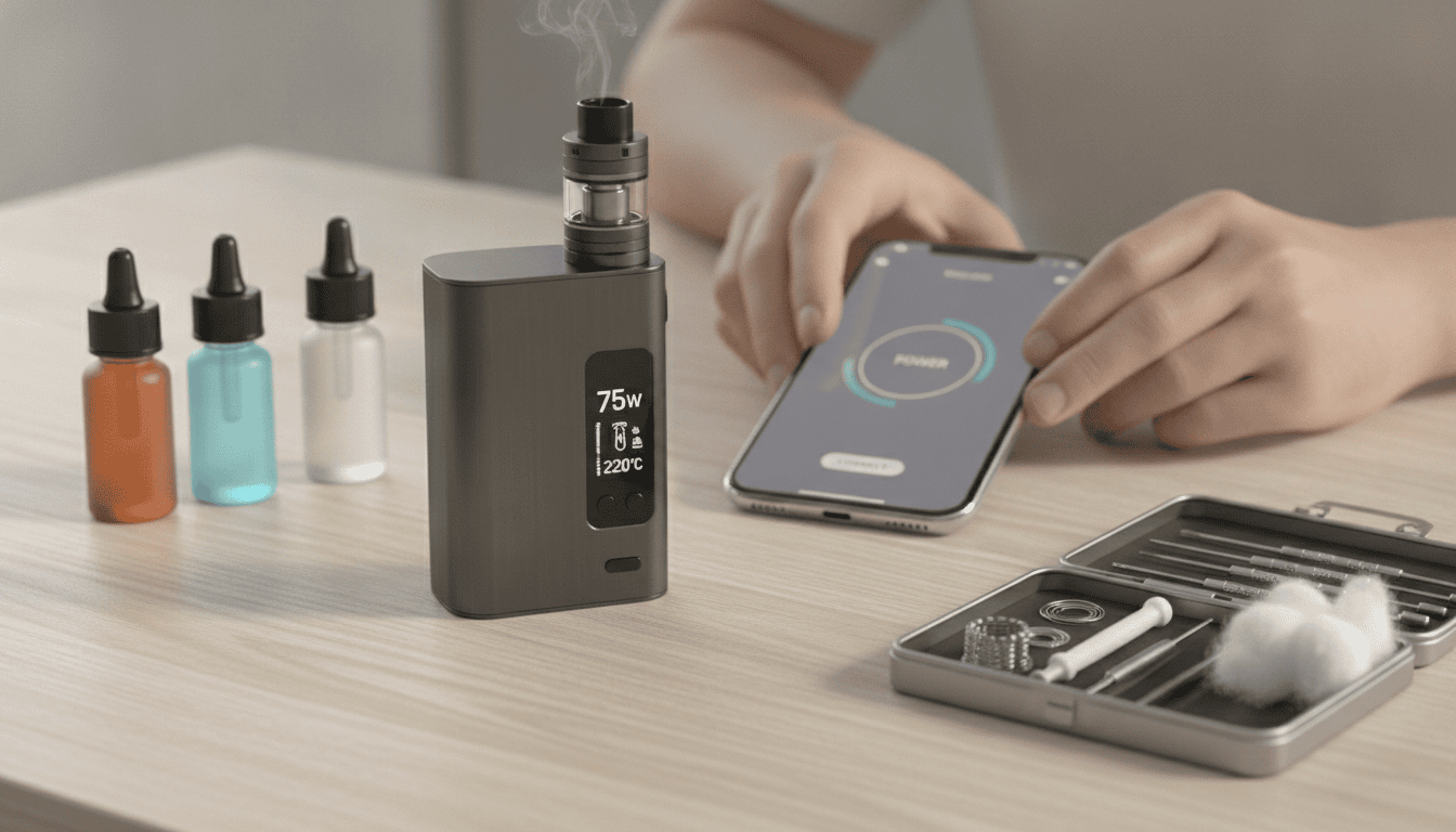 Dispositivo vape com tela mostrando controles inteligentes, smartphone com app conectado e acessórios ao lado sobre uma mesa.