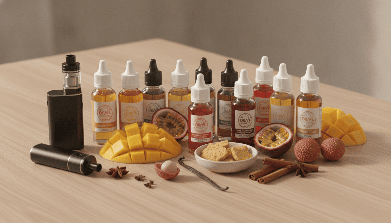 Frascos de e-líquidos sobre mesa de madeira com frutas tropicais, sobremesa e dispositivos de vape ao fundo.