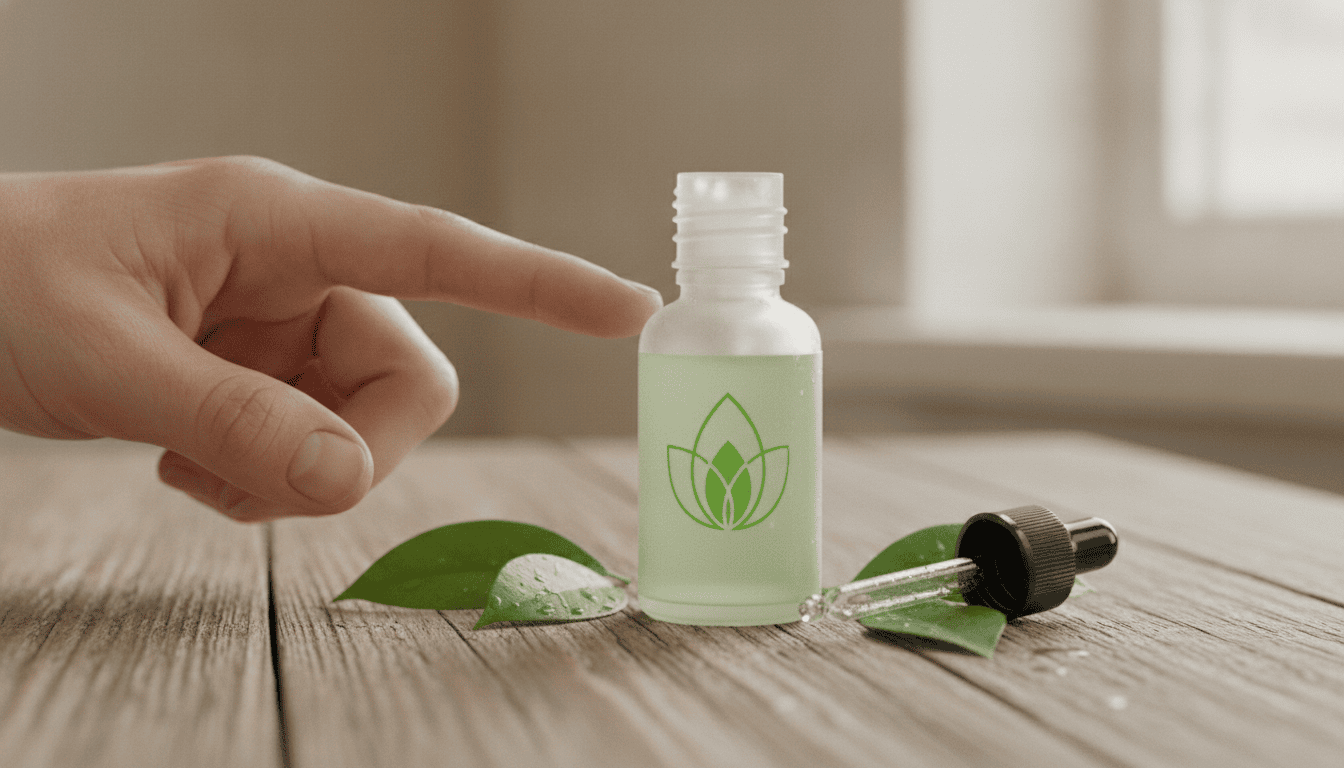Garrafa de e-liquid com rótulo de estilo natural sobre mesa de madeira, folhas verdes ao lado e conta-gotas