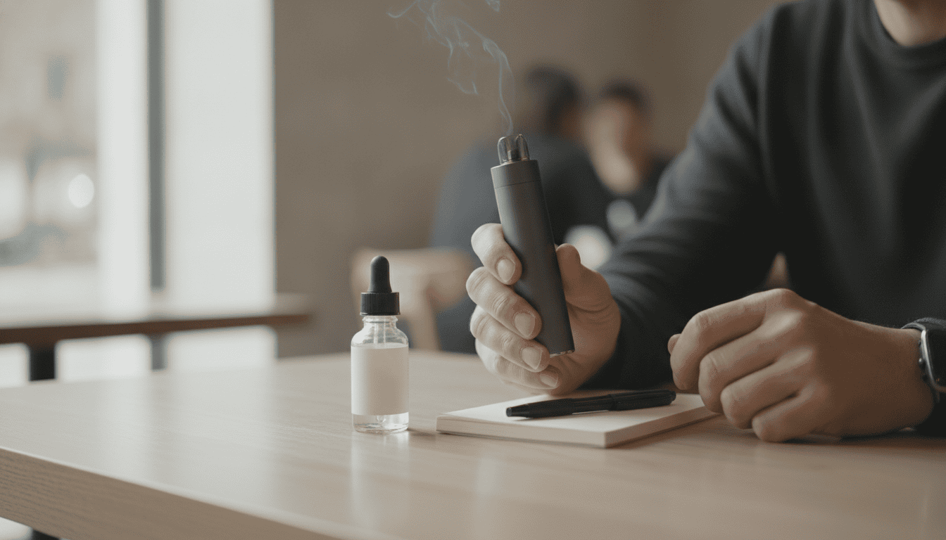 Pessoa adulta segurando um dispositivo vape em uma mesa de cafeteria com um frasco de e‑líquido e um caderno ao lado.