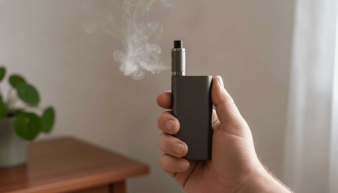 Mão adulta segurando um dispositivo de vape e exalando uma nuvem translúcida em ambiente interno com iluminação natural.