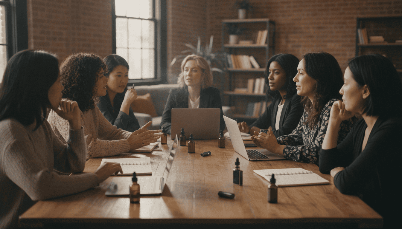 Grupo diverso de mulheres conversando em uma mesa com dispositivos de vape e frascos de e-líquido, ambiente de encontro acolhedor.
