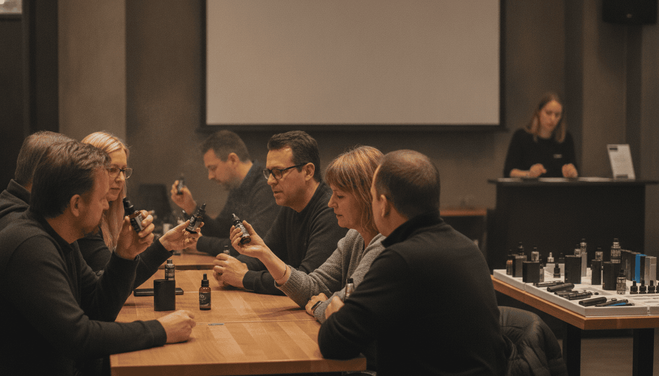 Grupo de adultos reunidos em um encontro de vapers dentro de um espaço fechado, conversando e experimentando dispositivos e e‑líquidos.