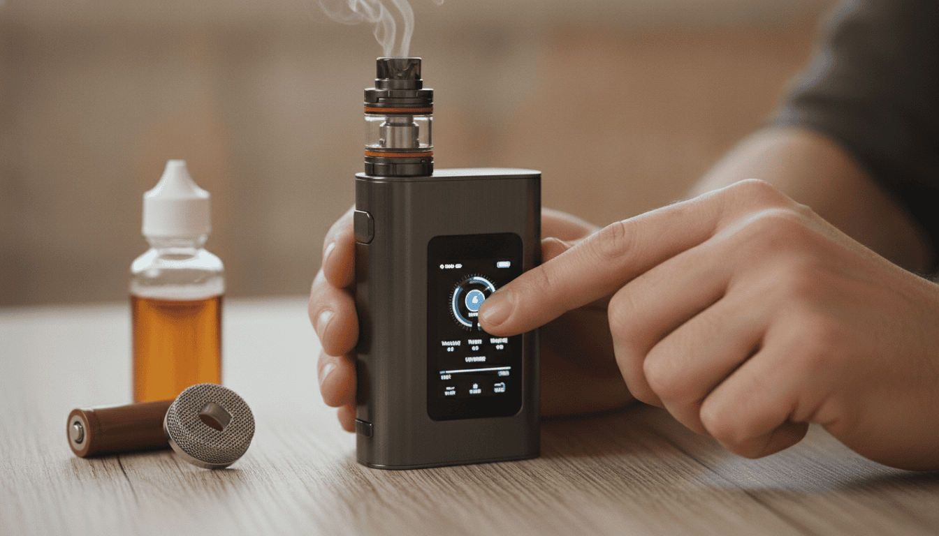 Mãos ajustando as configurações de um vape moderno sobre uma mesa, com coil, e‑líquido e bateria ao lado.