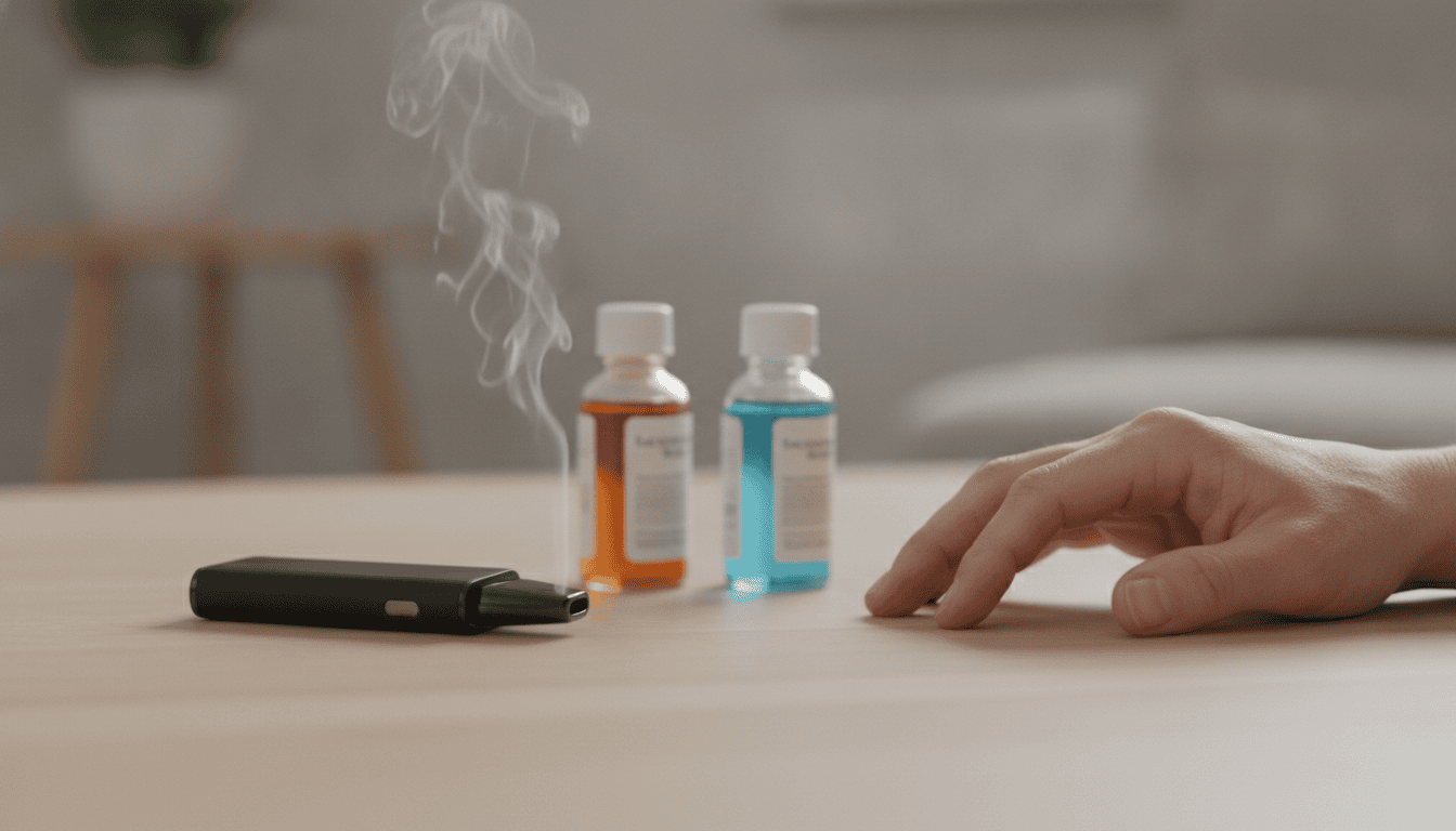 Dispositivo pod moderno sobre mesa de madeira com duas garrafas de e-líquido e vapor sutil ao fundo