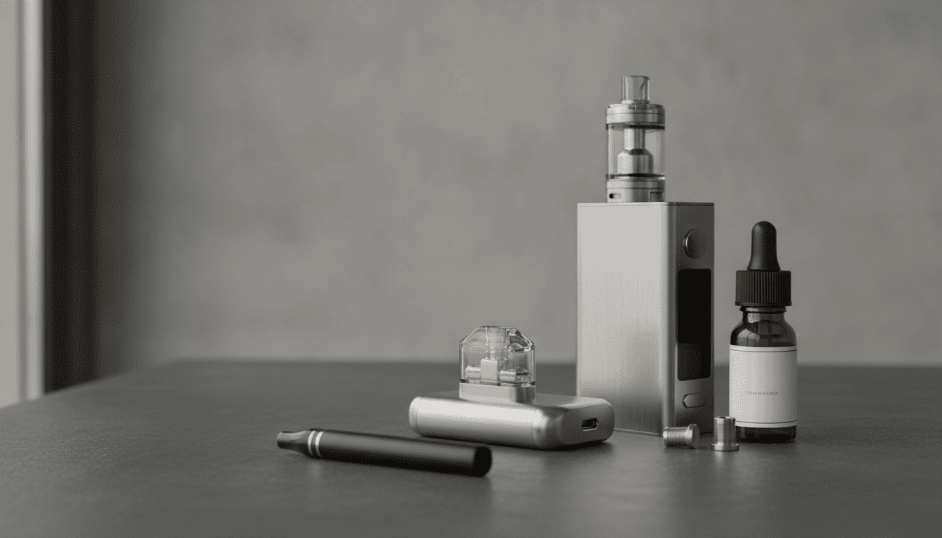 Três dispositivos de vape (descartável, pod recarregável e mod) lado a lado com um frasco de e-líquido e coils de reposição sobre mesa escura.