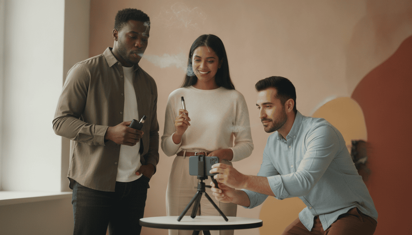 Três influenciadores adultos em estúdio com dispositivos vape, um filmando e vapor discreto ao fundo.