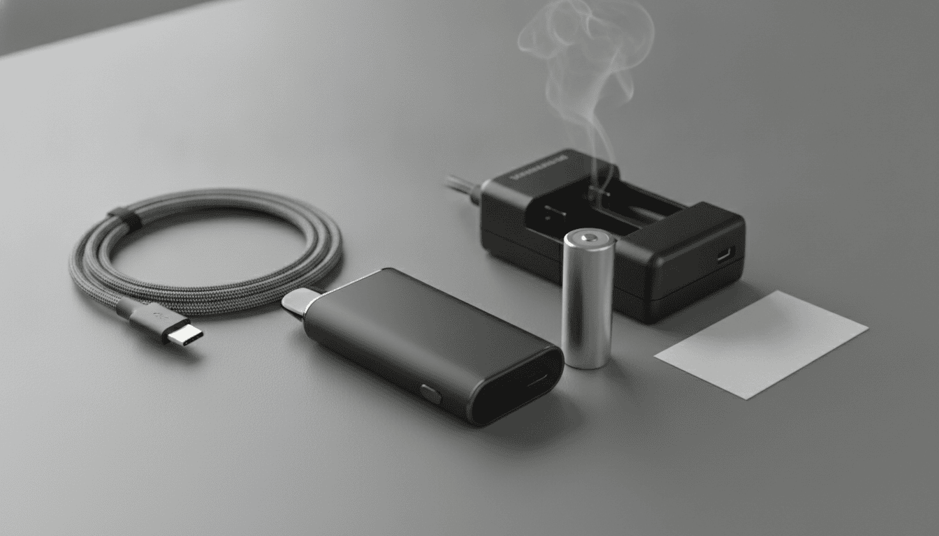 Mesa com acessórios de vape: dispositivo pod, bateria 18650 ao lado de carregador externo e cabo USB-C, iluminação natural