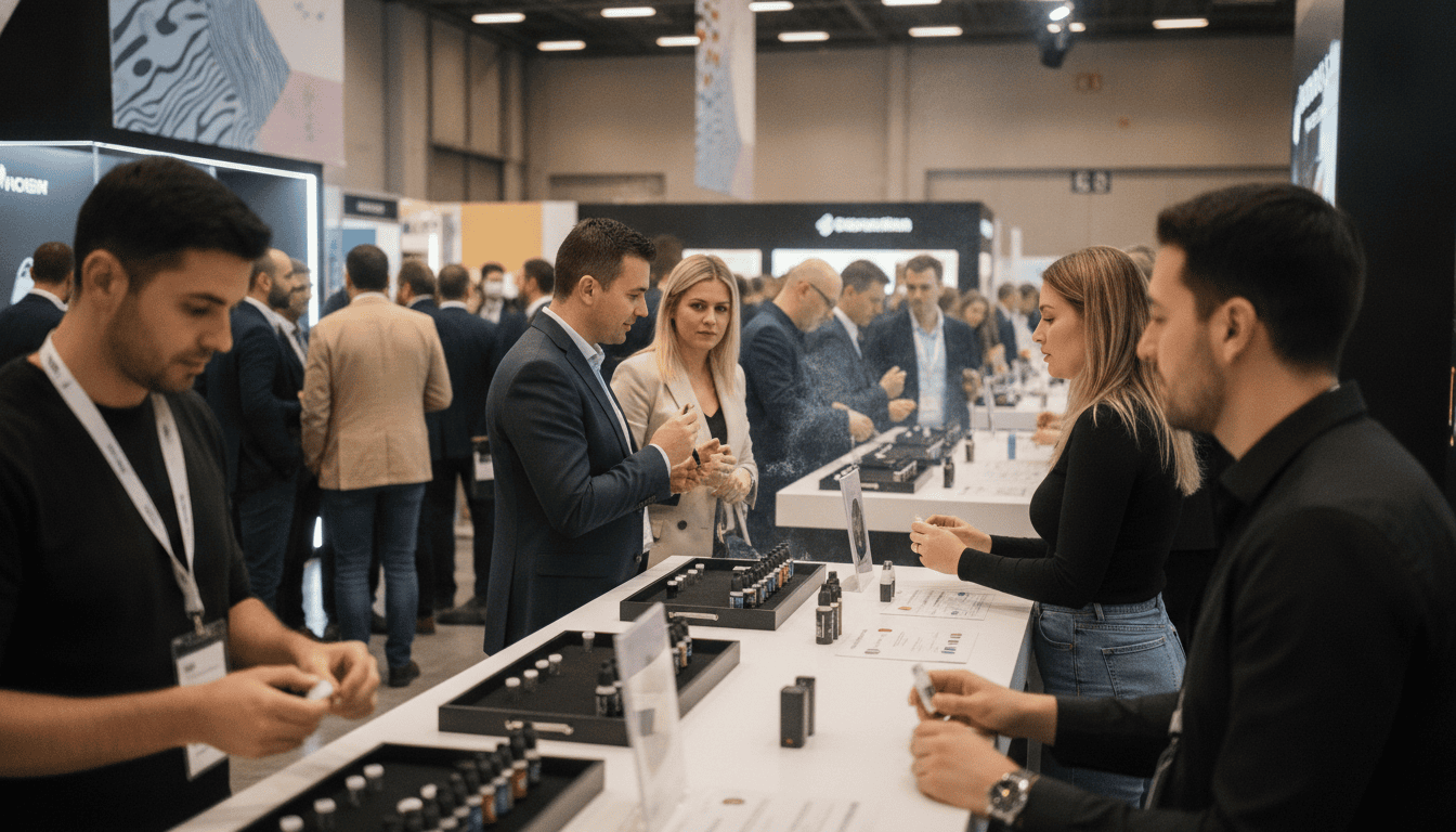 Pessoas adultas conversando em estande de lançamento de vape, com dispositivos expostos e amostras de e‑liquidos sobre a mesa.