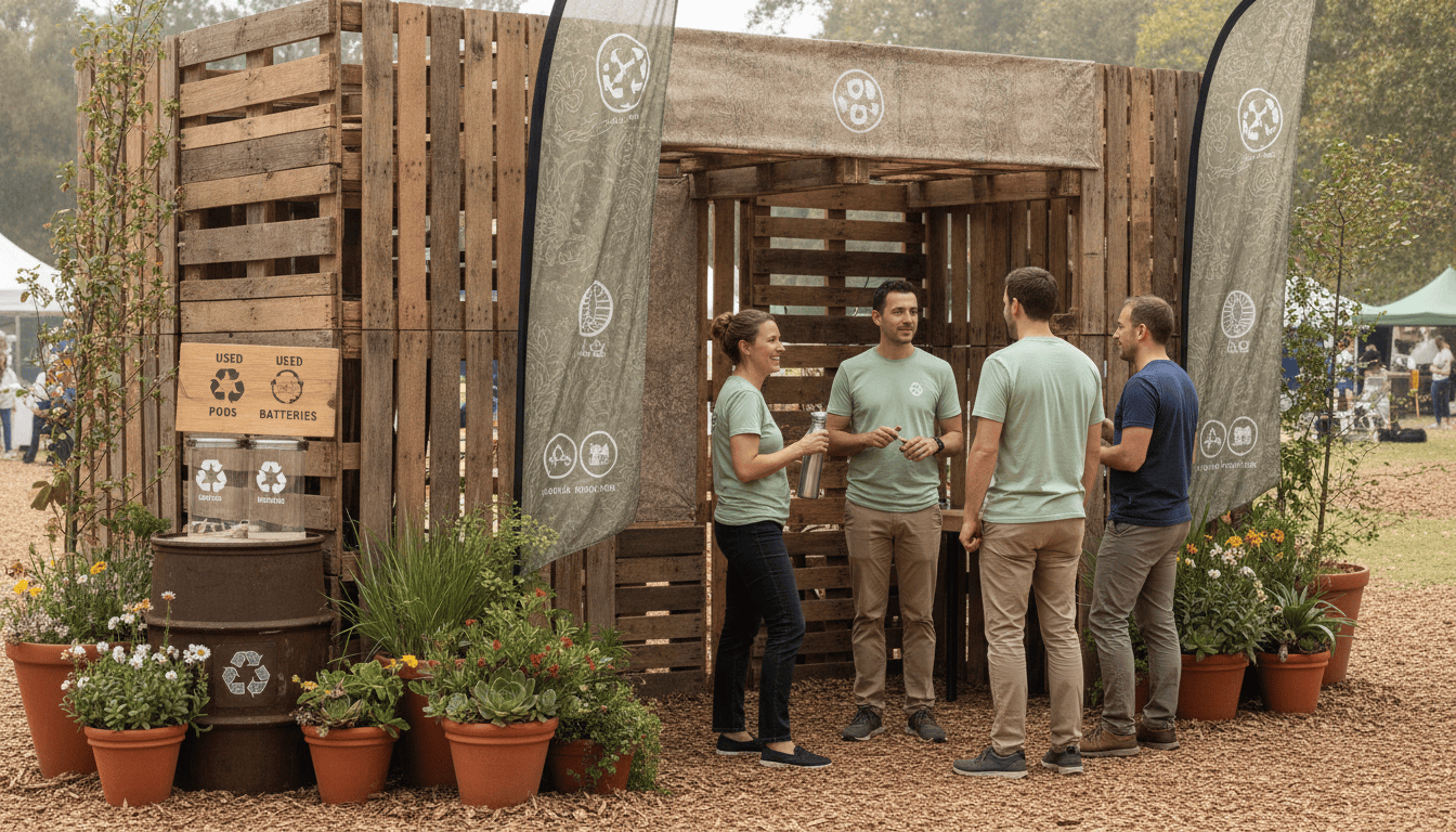 Público em estande de evento de vape com estação de coleta para pods e baterias, painéis recicláveis e plantas nativas.