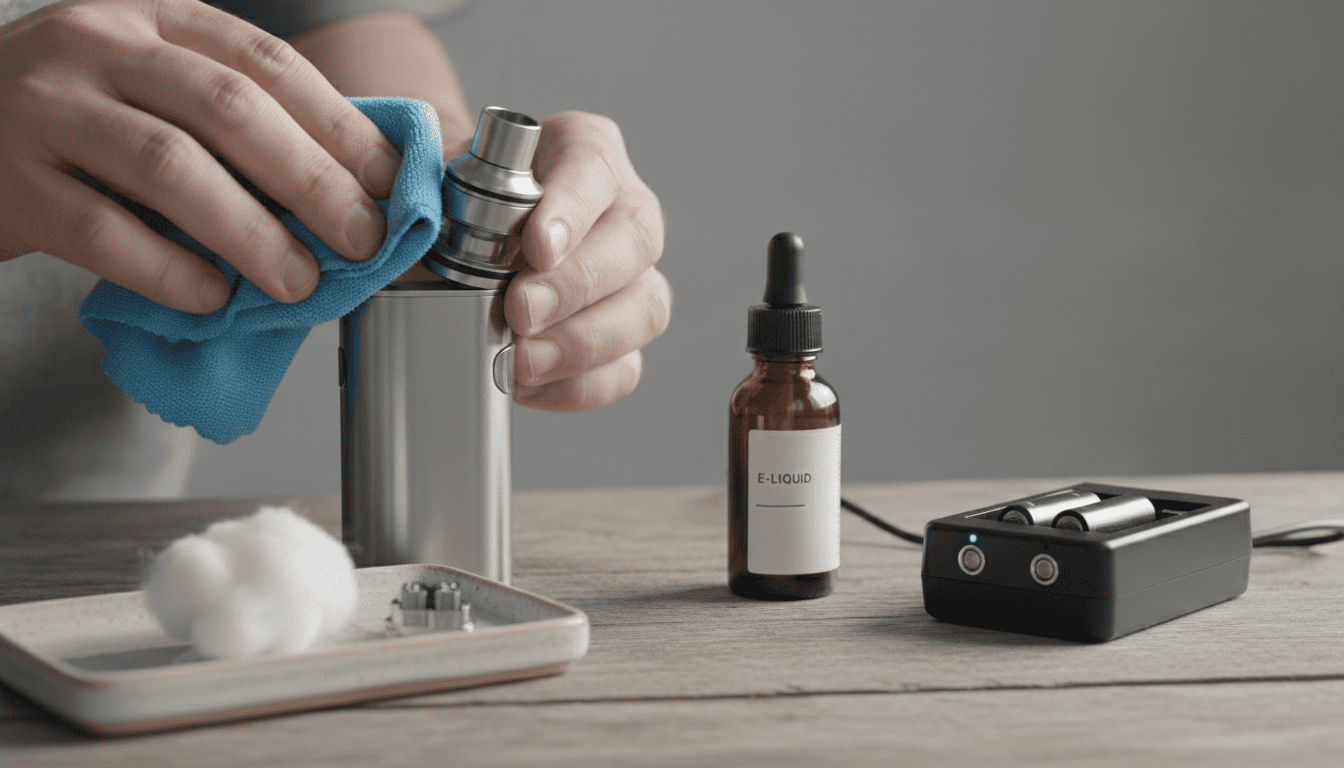 Mãos adultas limpando um tanque de vape sobre uma mesa com coil desmontada e frasco de e-líquido ao lado.