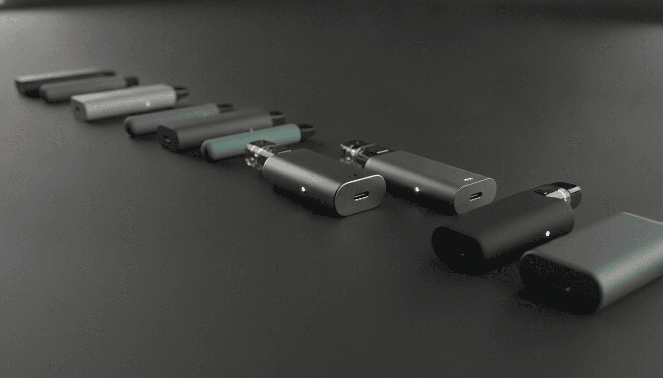 Vista fotorrealista de pods modernos sobre superfície escura, com modelos descartáveis e recarregáveis, portas USB-C e indicadores LED visíveis.
