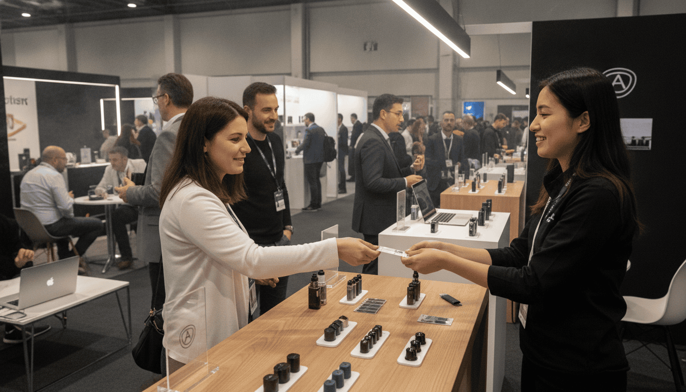 Feira de vape com estandes, balcão de degustação de e-líquidos e adultos conversando em ambiente profissional