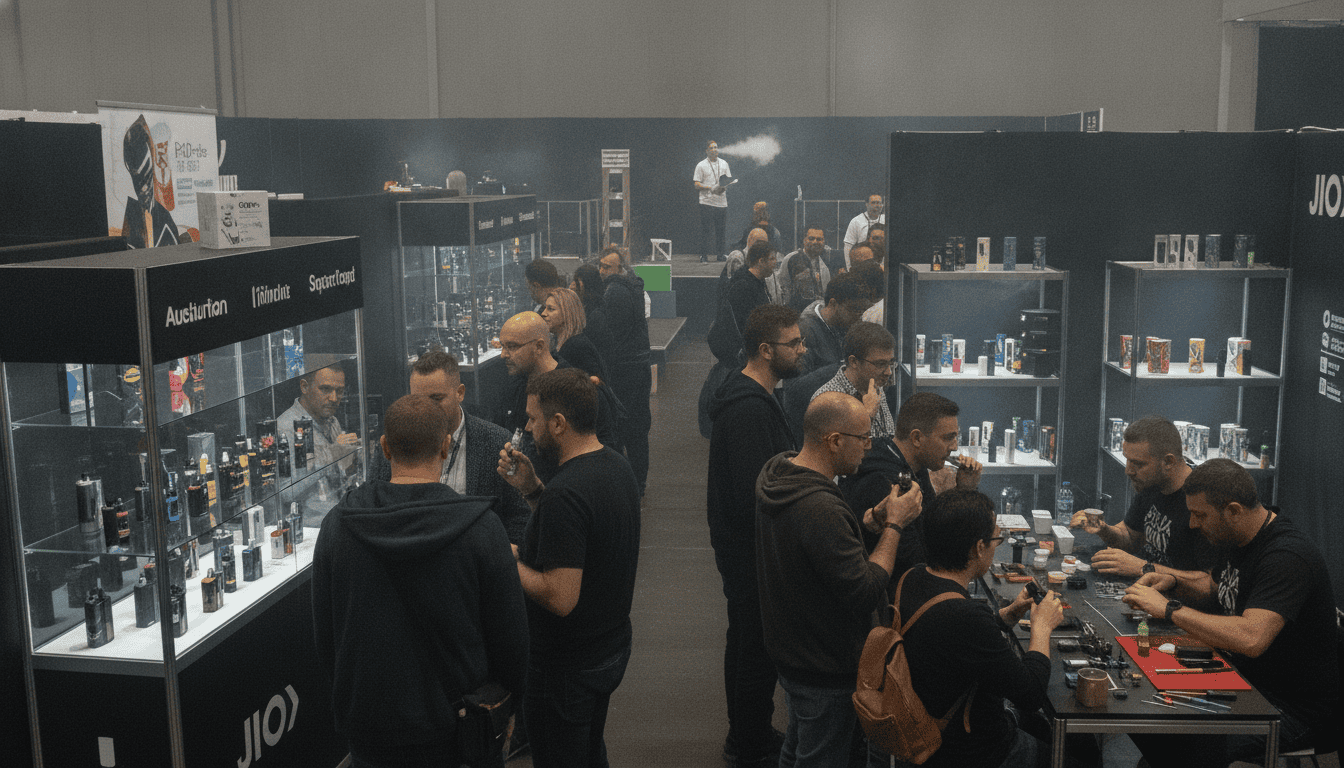 Pessoas adultas em um salão de exposição de festival de vape, com estandes, demonstrações e vapor sutil no ar.