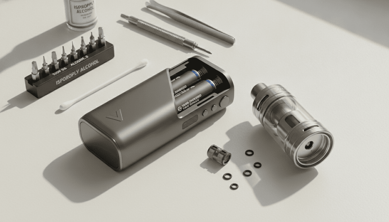 Vaporesso Gen S parcialmente desmontado sobre bancada com ferramentas e coil removida ao lado.