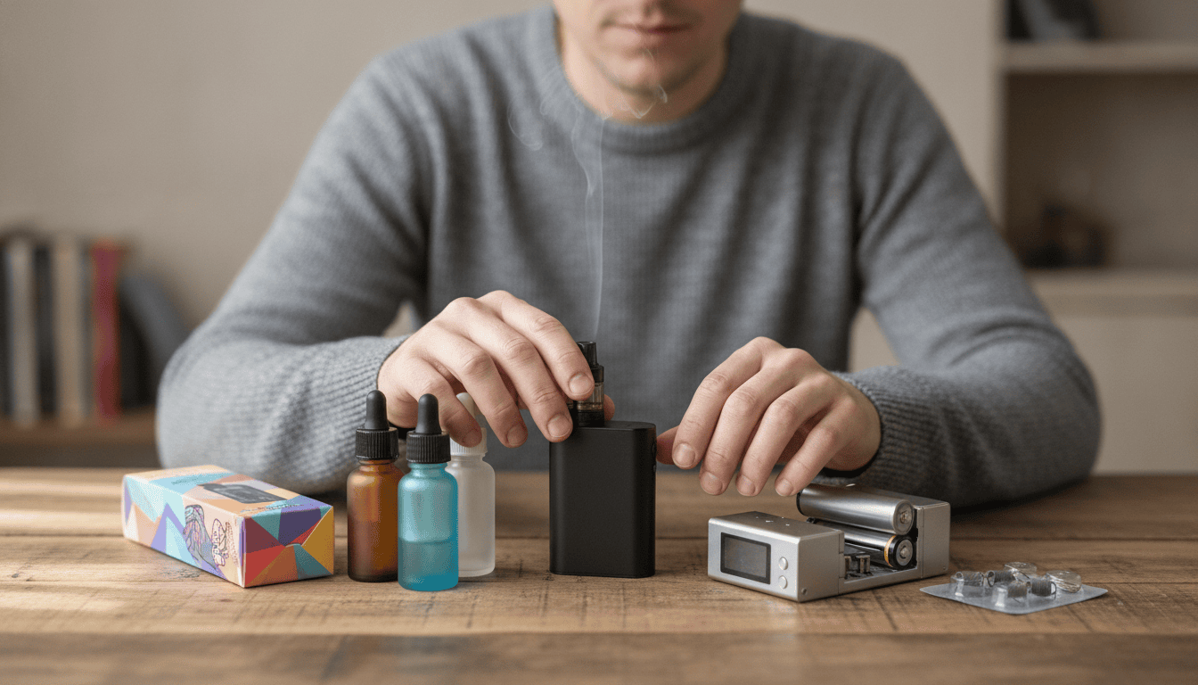 Pessoa adulta organizando um pod, um vape descartável, frascos de e-líquido e acessórios sobre uma mesa, com leve vapor no ar