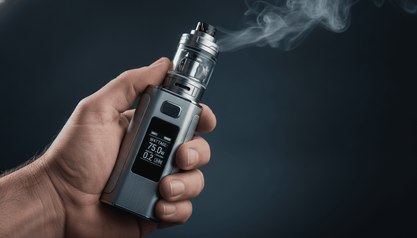 Mão adulta segurando um mod sub-ohm com tanque e pequena nuvem de vapor em fundo escuro