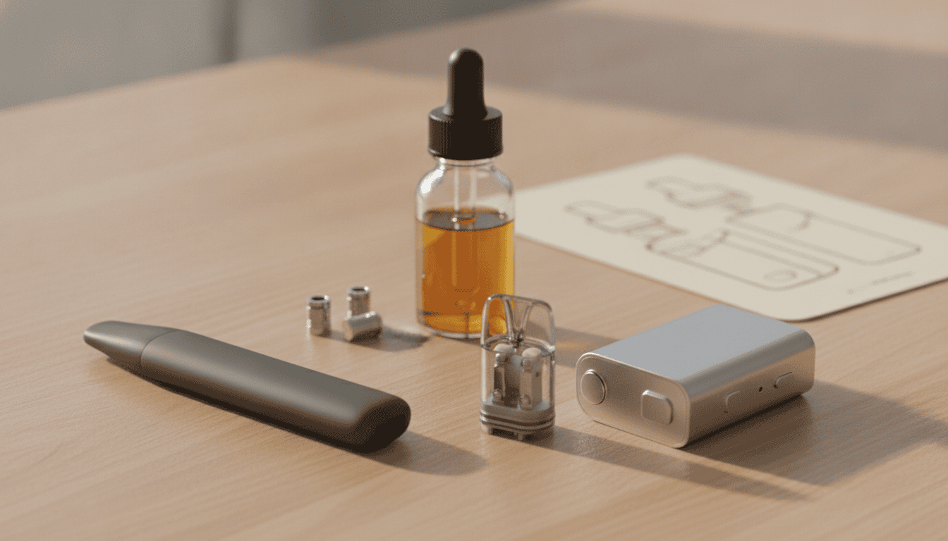 Dois dispositivos pod sobre mesa: um descartável e um recarregável com refil de e-líquido e coils ao lado