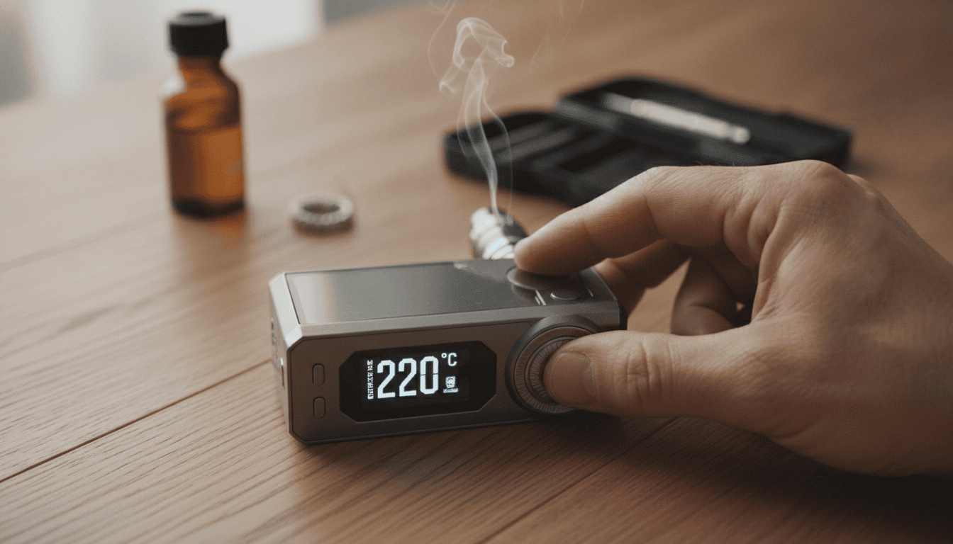 Close-up de mão ajustando a temperatura em um mod de vape com e-líquido e coils ao fundo.