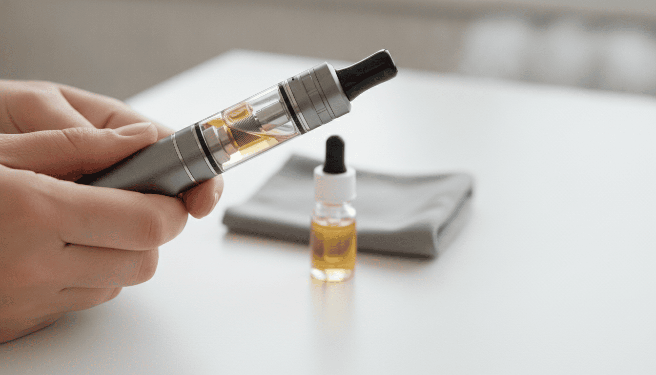 Mãos adultas segurando uma vape pen moderna sobre mesa com frasco de e-líquido e pano de limpeza ao lado.