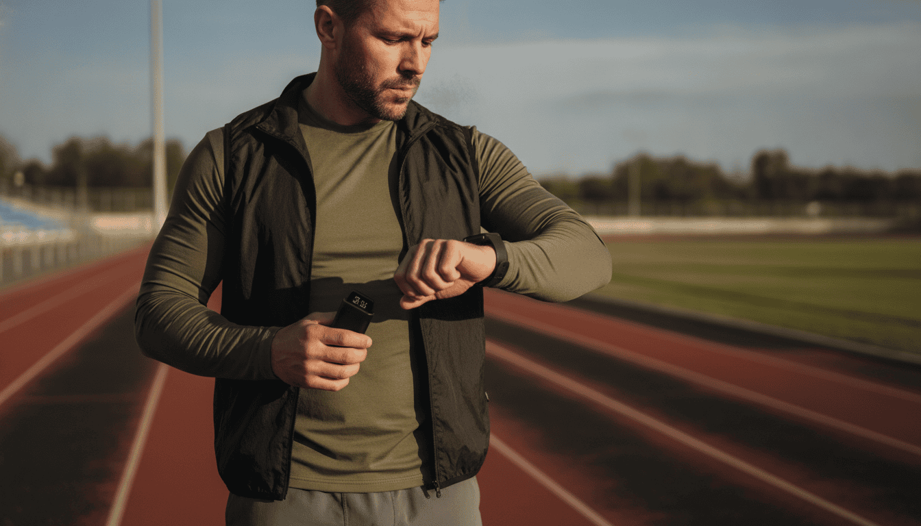 Atleta adulto em pista de corrida segurando um pod vape e conferindo o relógio, pequeno exalar visível.