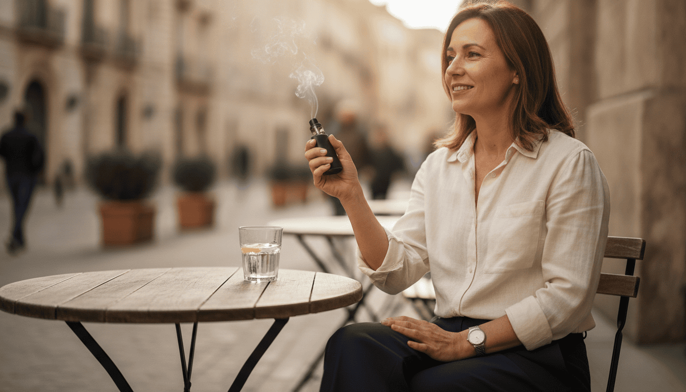 Adulto sentado em café segurando um pod vape com vapor discreto; cenário urbano desfocado ao fundo.