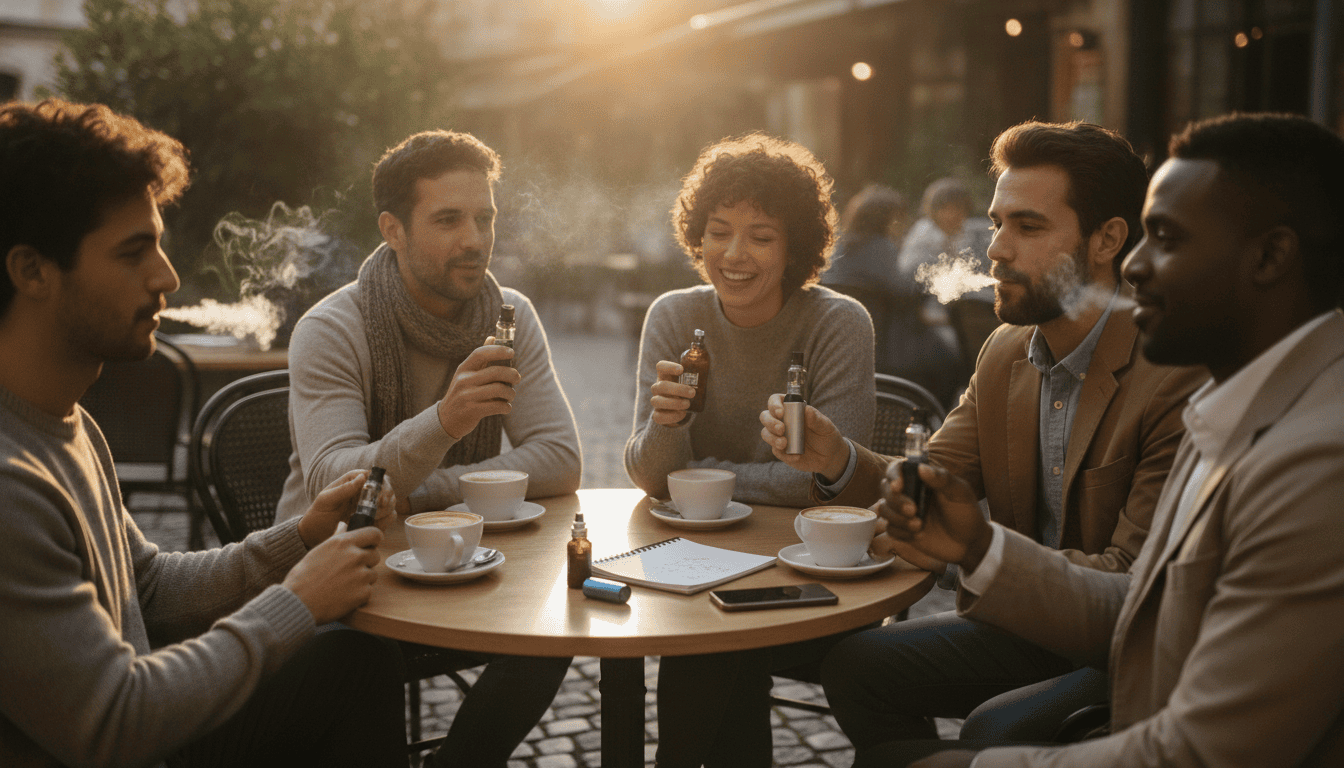 Grupo de adultos conversando ao redor de uma mesa de café, com dispositivos de vape e um frasco de e-líquido visíveis