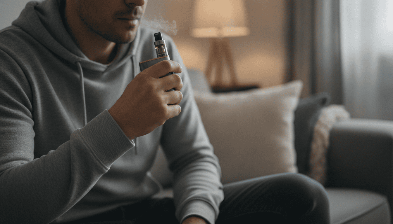 Pessoa adulta segurando um pod de vape enquanto exala um pequeno sopro de vapor em ambiente interno com luz suave.