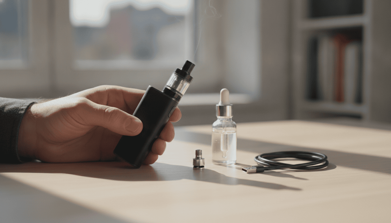 Pessoa adulta segurando um dispositivo Vaporesso com um frasco de e-líquido aberto, coil sobressalente e cabo de carregador sobre mesa de madeira