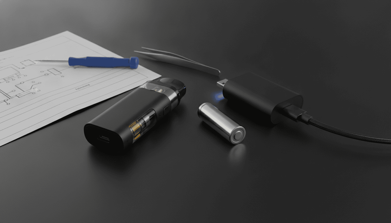 Dispositivo vape com bateria exposta, cabo USB-C e base de carregamento sobre mesa escura