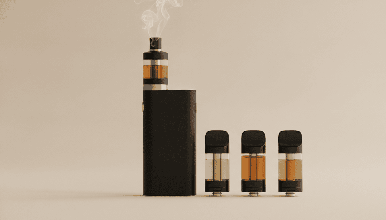 Dispositivo pod-system moderno ao lado de três cápsulas de vape sem marcas, mostrando o nível de e-líquido e o bocal.