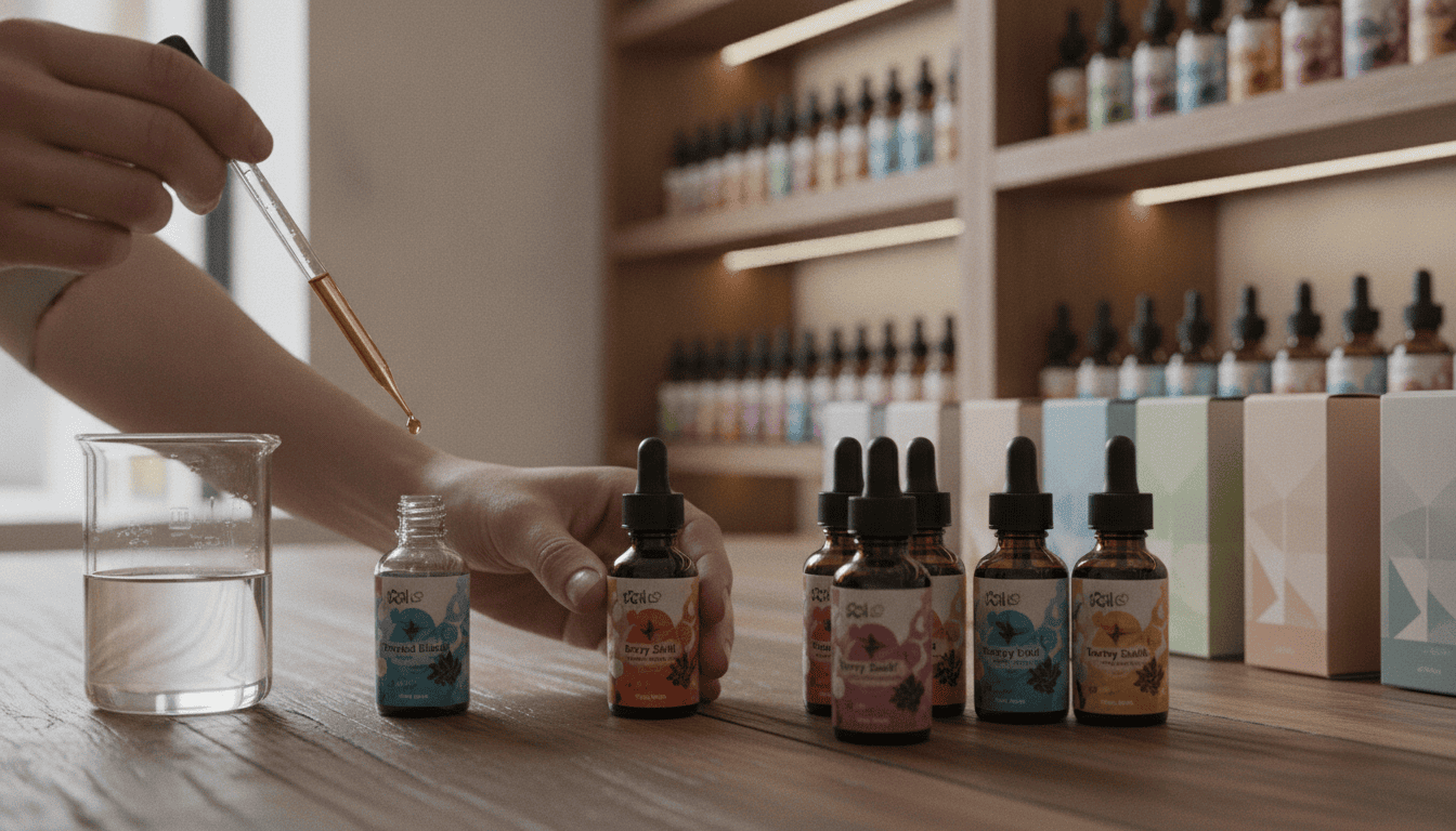 Mãos de adulto organizando frascos de e-líquidos diante de bancada de laboratório e prateleira de produtos.