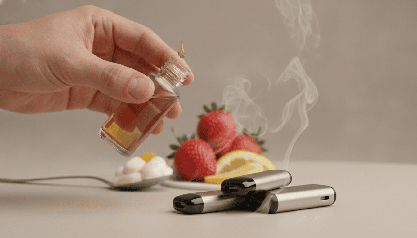 Mão adulta segurando um frasco de e-líquido próximo a dispositivos pod e ingredientes como morango e creme, com leve vapor ao fundo.