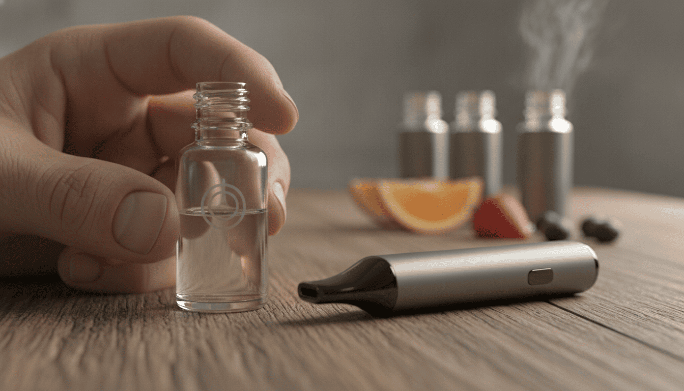 Mão adulta segurando um frasco de líquido para vape ao lado de um pod moderno sobre mesa de madeira, com frascos e fatias de frutas desfocados ao fundo.