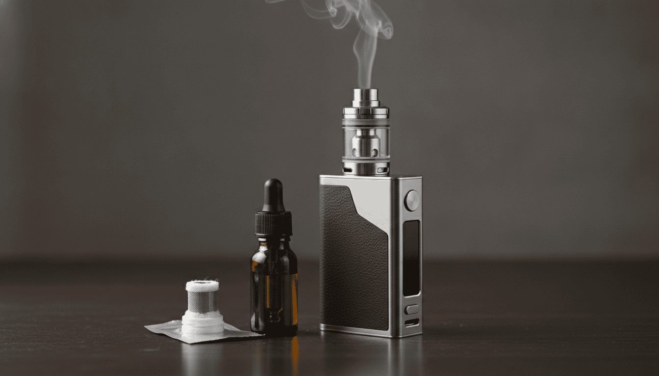 Dispositivo vape sub-ohm moderno com tanque, coil mesh e frasco de e-líquido sobre mesa de madeira