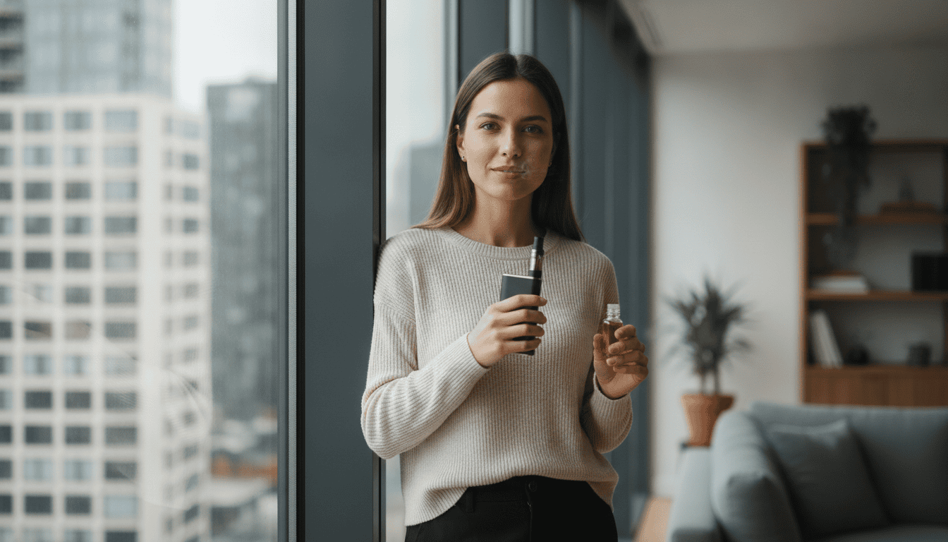 Pessoa adulta segurando um vape recarregável e um frasco de e-líquido em um ambiente residencial claro