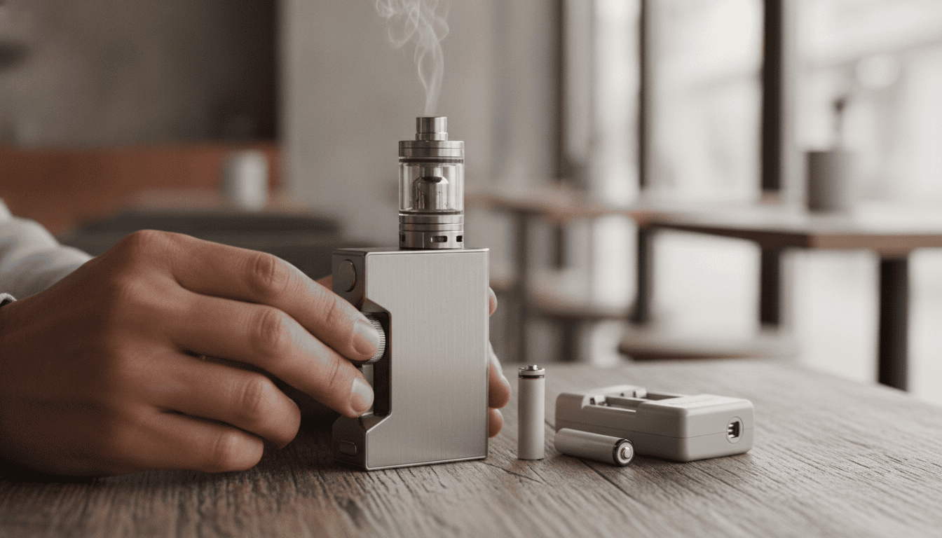 Mod de vape em mesa de madeira com atomizador conectado, bateria 18650 e carregador ao lado, mãos ajustando o dispositivo.